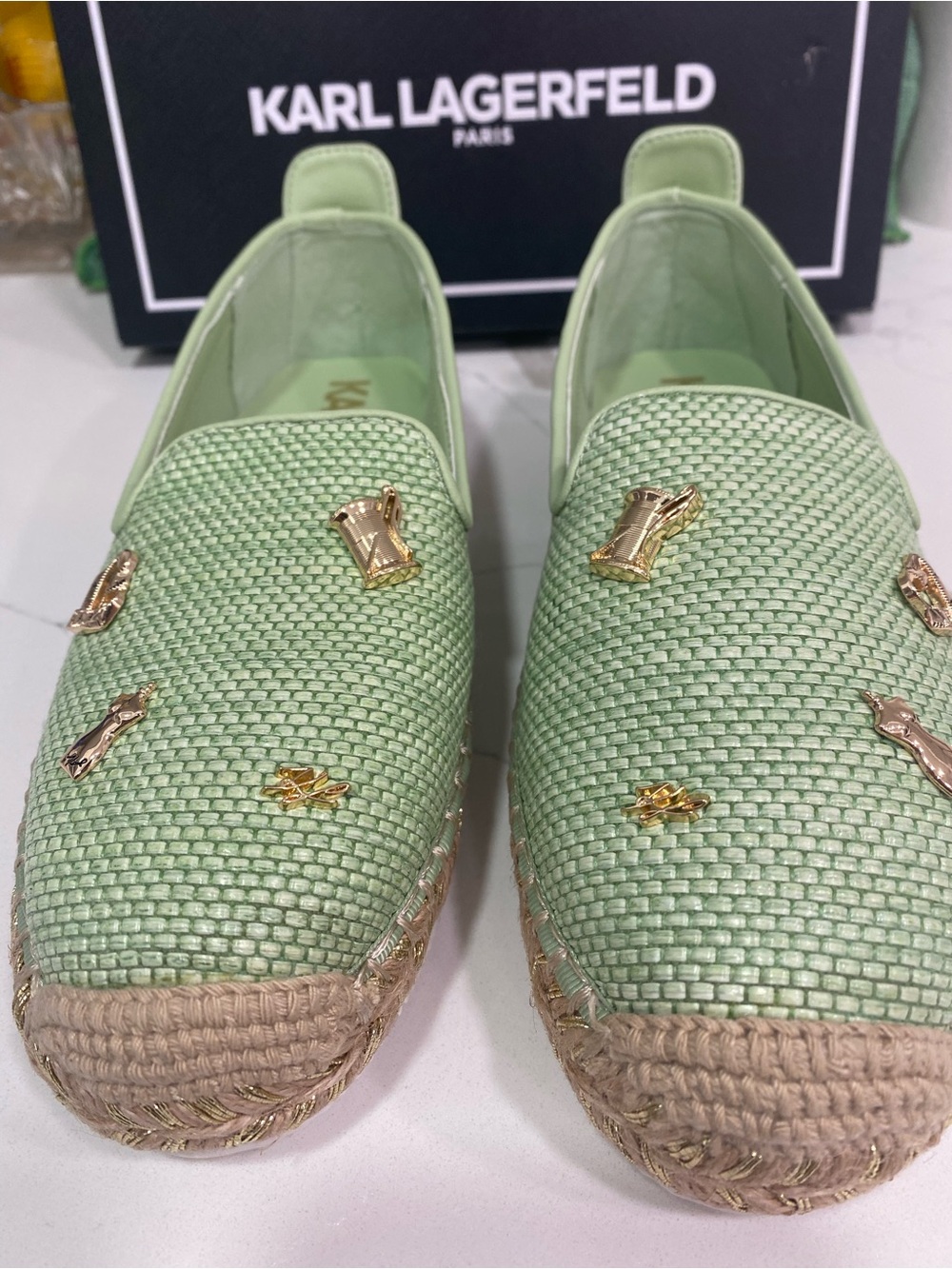 Karl Lagerfeld Light Green Woven Espadrille Slip-Ons with Gold Accents